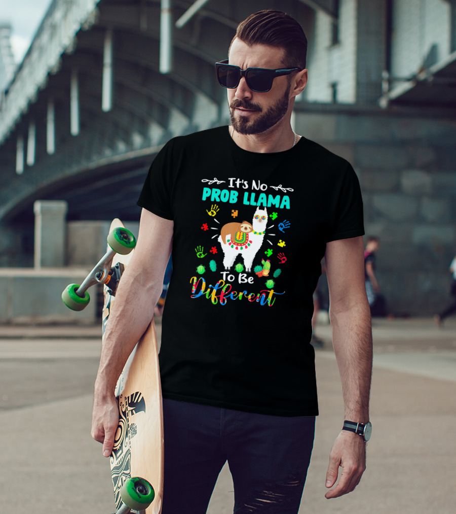 It's No Prob Llama To Be Different Autism Sloth Colorful Puzzle Hands Cactus T-Shirt