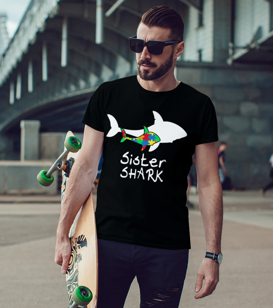 Sister Shark Autism Puzzle Piece Awareness T-Shirt
