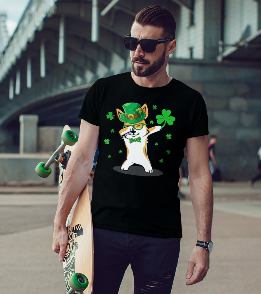 Dabbing Corgi With Shamrocks And Leprechaun Hat For St. Patrick's Day T-Shirt