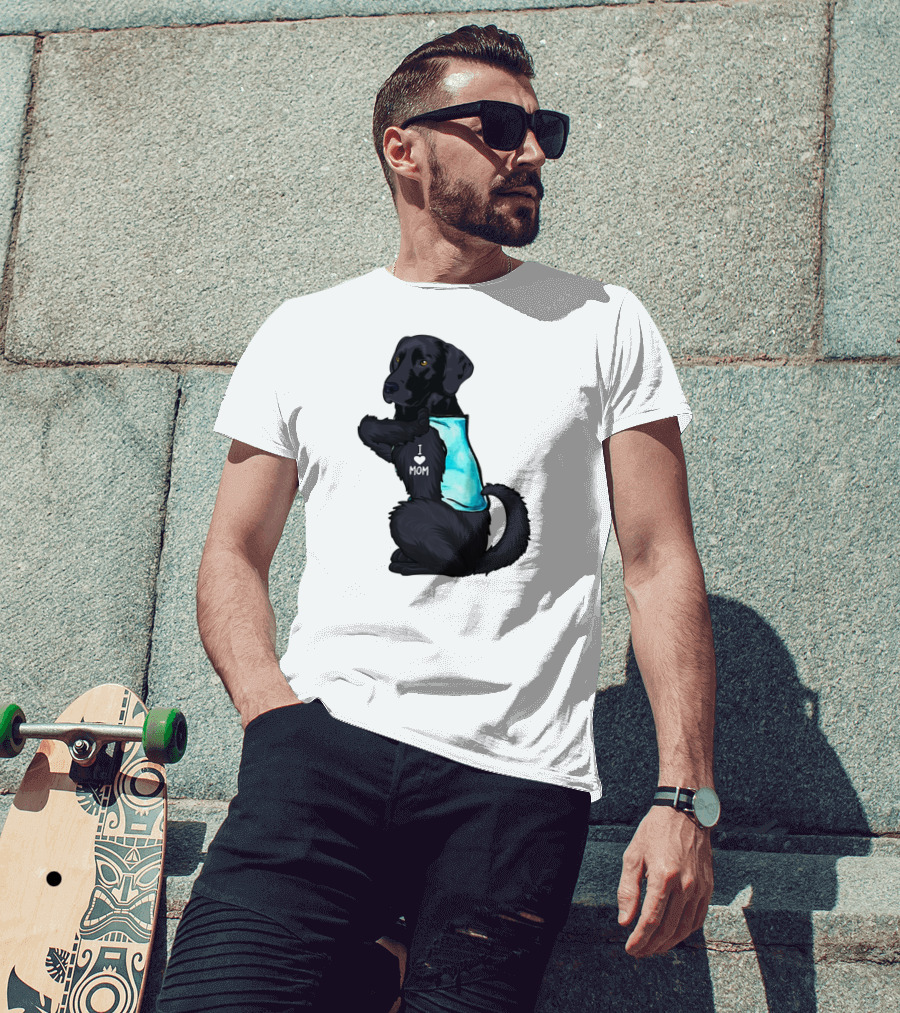 Black Labrador Dog With I Love Mom Heart Tattoo T-Shirt