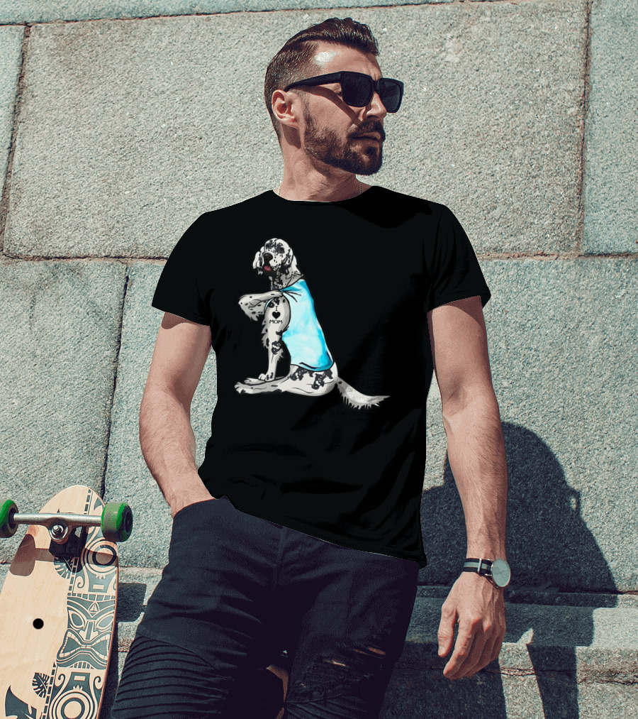English Setter With I Love Mom Tattoo And Blue Bandana T-Shirt