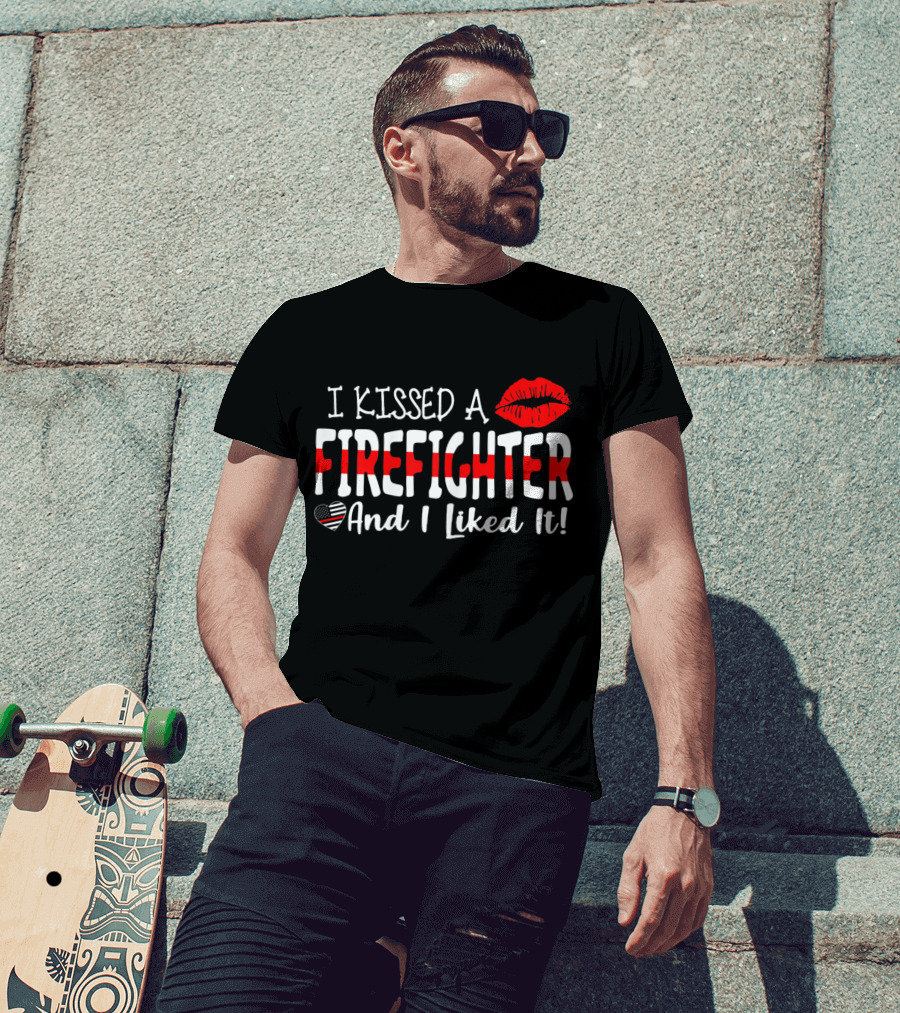 I Kissed A Firefighter And I Liked It Heart Lip Print T-Shirt