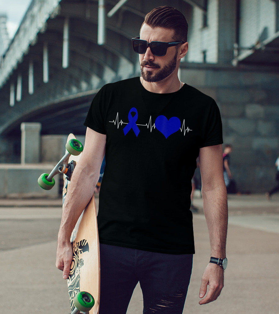 Colon Cancer Awareness Blue Ribbon Heartbeat T-Shirt