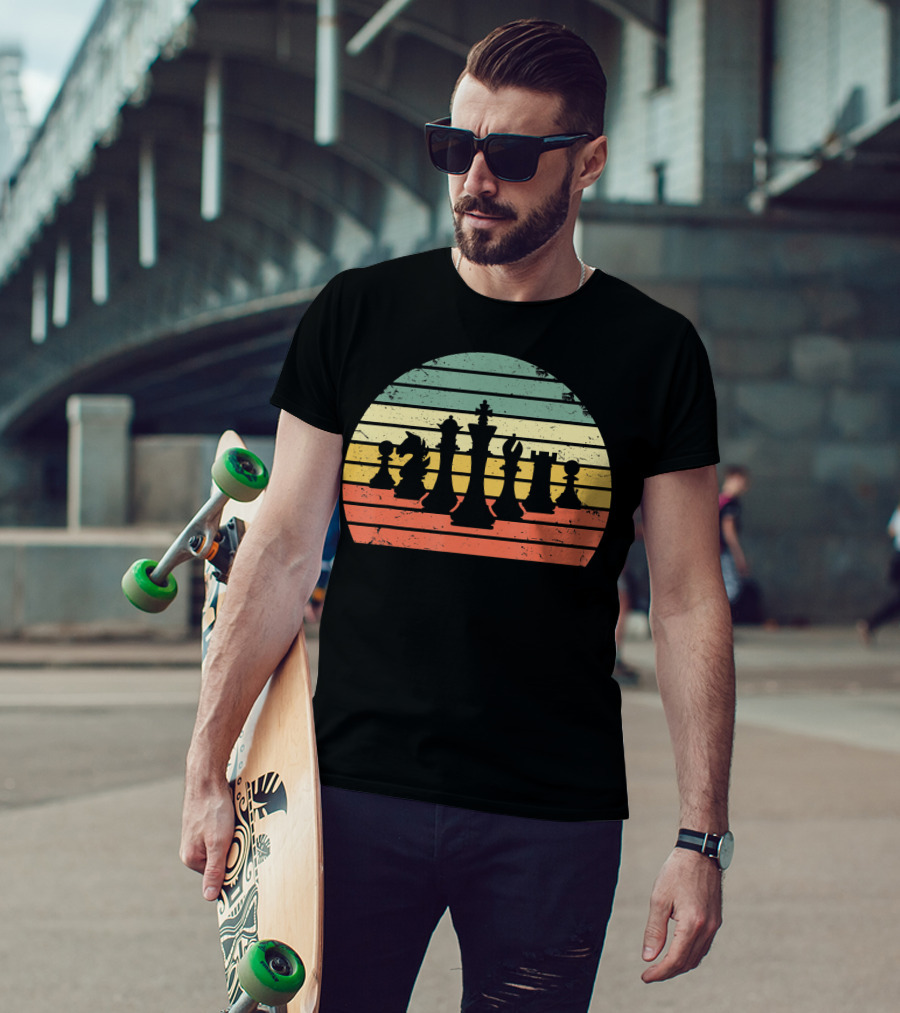 Chess Pieces Retro Sunset Stripes T-Shirt