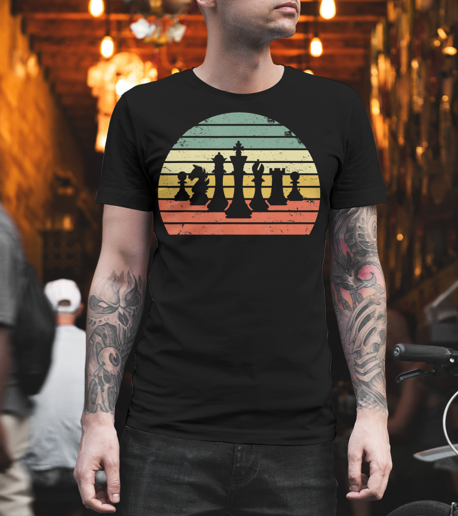 Chess Pieces Retro Sunset Stripes T-Shirt