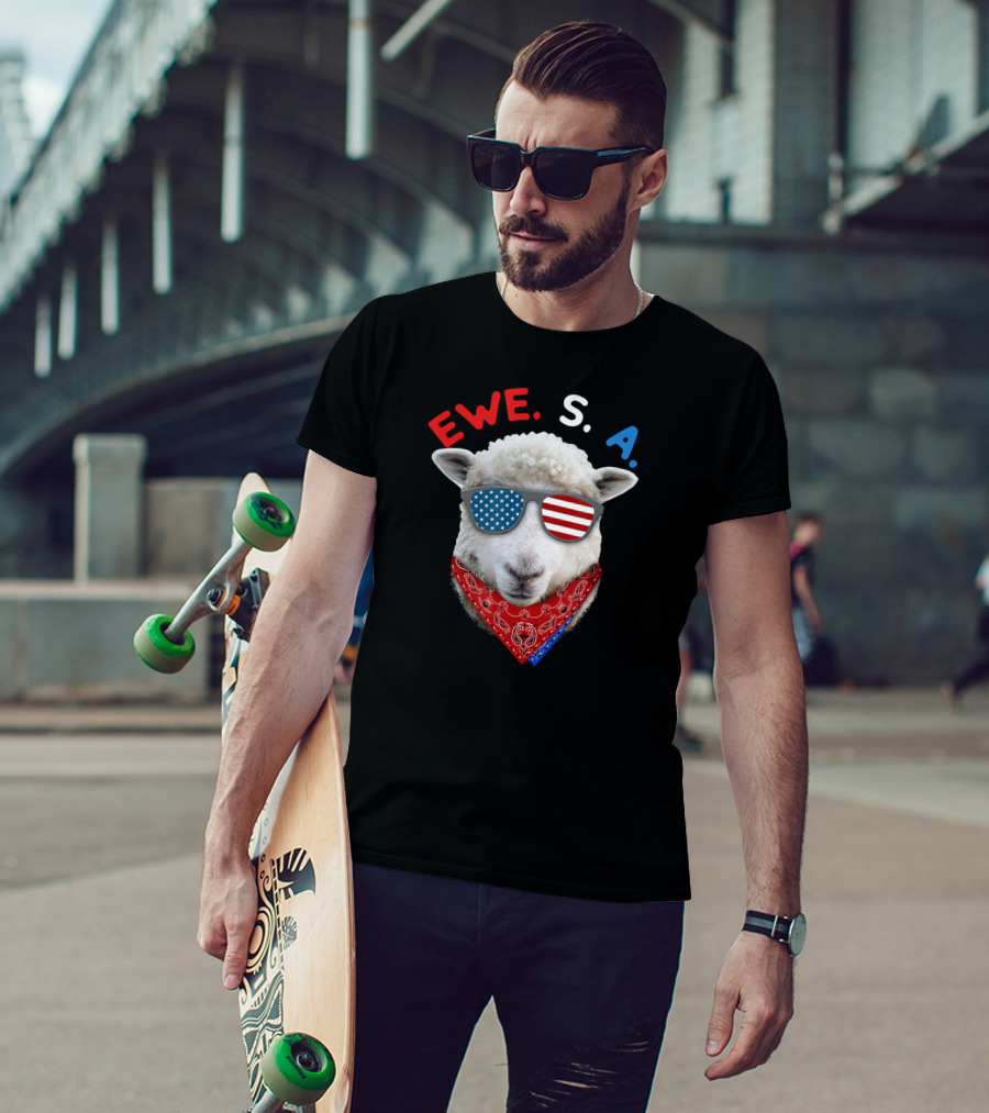 Ewe S A Sheep With USA Flag Sunglasses And Red Bandana T-Shirt