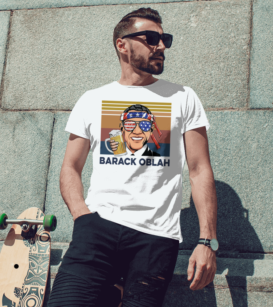 Barack Obama Oblah Drink Vintage USA Flag Headband And Stars Stripes Shades With Beer Mug T-Shirt