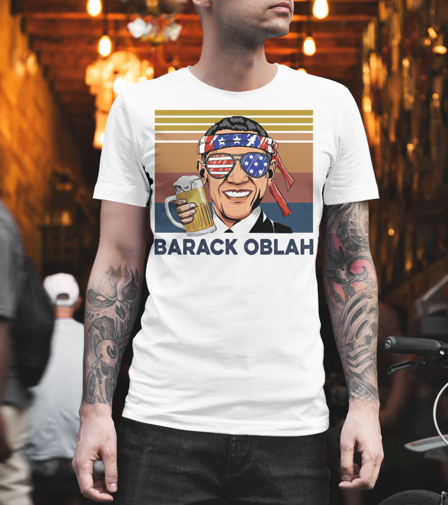Barack Obama Oblah Drink Vintage USA Flag Headband and Stars Stripes Shades with Beer Mug T-Shirt