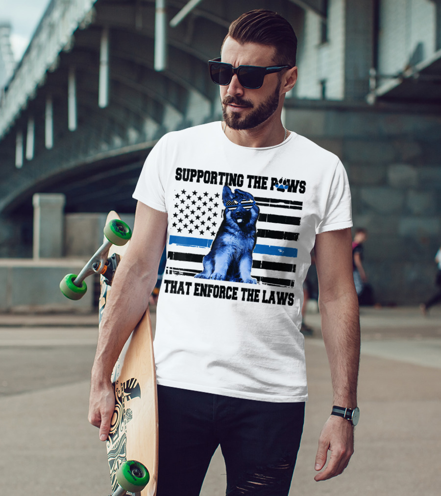 Supporting The Paws That Enforce The Laws Police Dog American Flag Sunglasses T-Shirt
