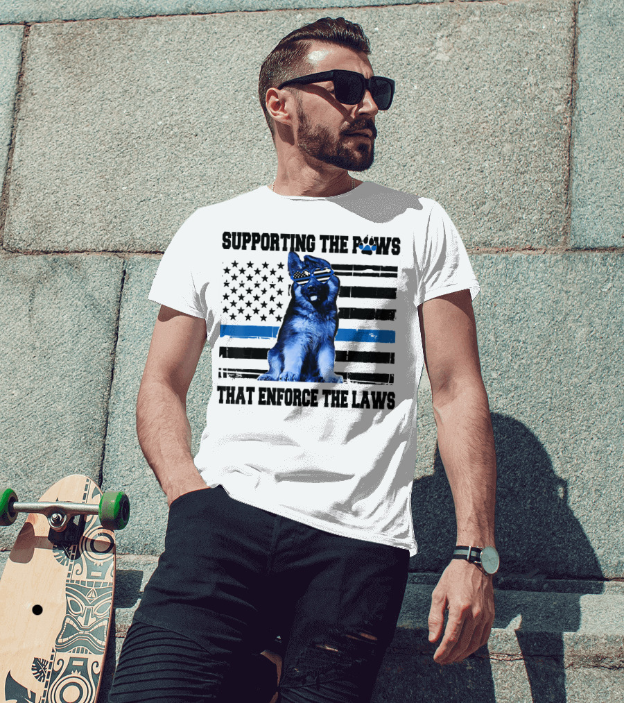 Supporting The Paws That Enforce The Laws Police Dog American Flag Sunglasses T-Shirt