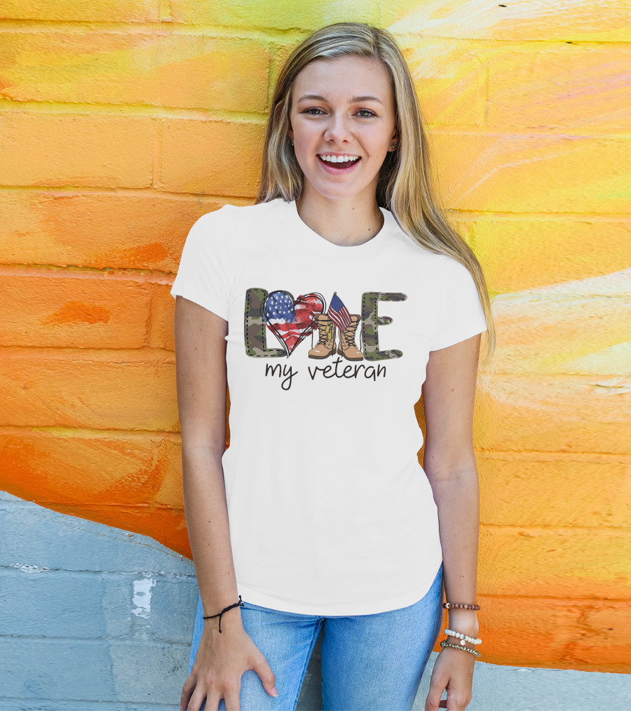 Love Camouflage Heart Boots American Flag My Veteran T-Shirt