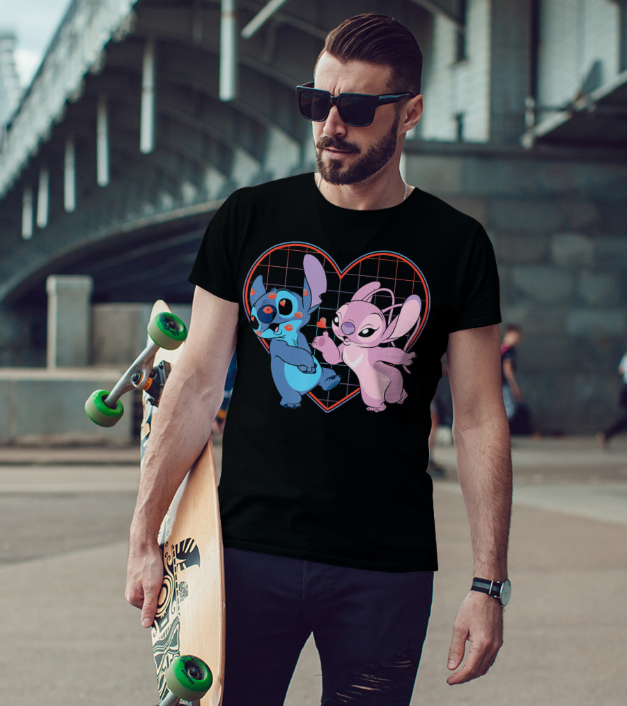 Disney Lilo And Stitch Angel Heart Grid Love T-Shirt