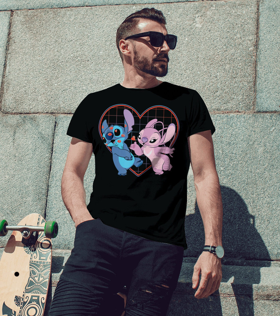Disney Lilo And Stitch Angel Heart Grid Love T-Shirt