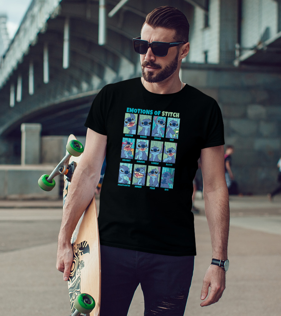 Disney Lilo And Stitch Excited Bored Shock Sad Delight Amused Lonely Suave Disappointed Anger Fear Bye Emotions Of Stitch T-Shirt