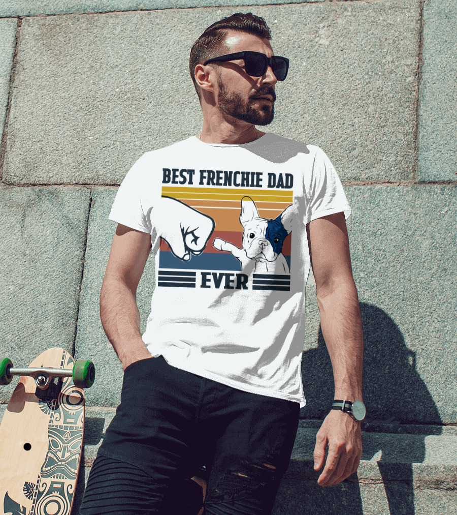 Best Frenchie Dad Ever Fist Bump Retro Stripes Dog Punch Paw Puppy T-Shirt