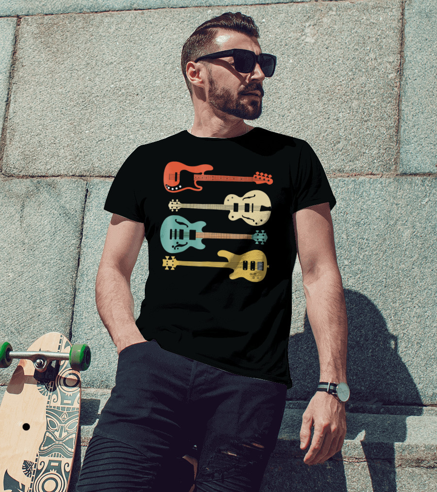 Vintage Retro Bass Guitar Bassist Player Colorful Guitar Collection T-Shirt
