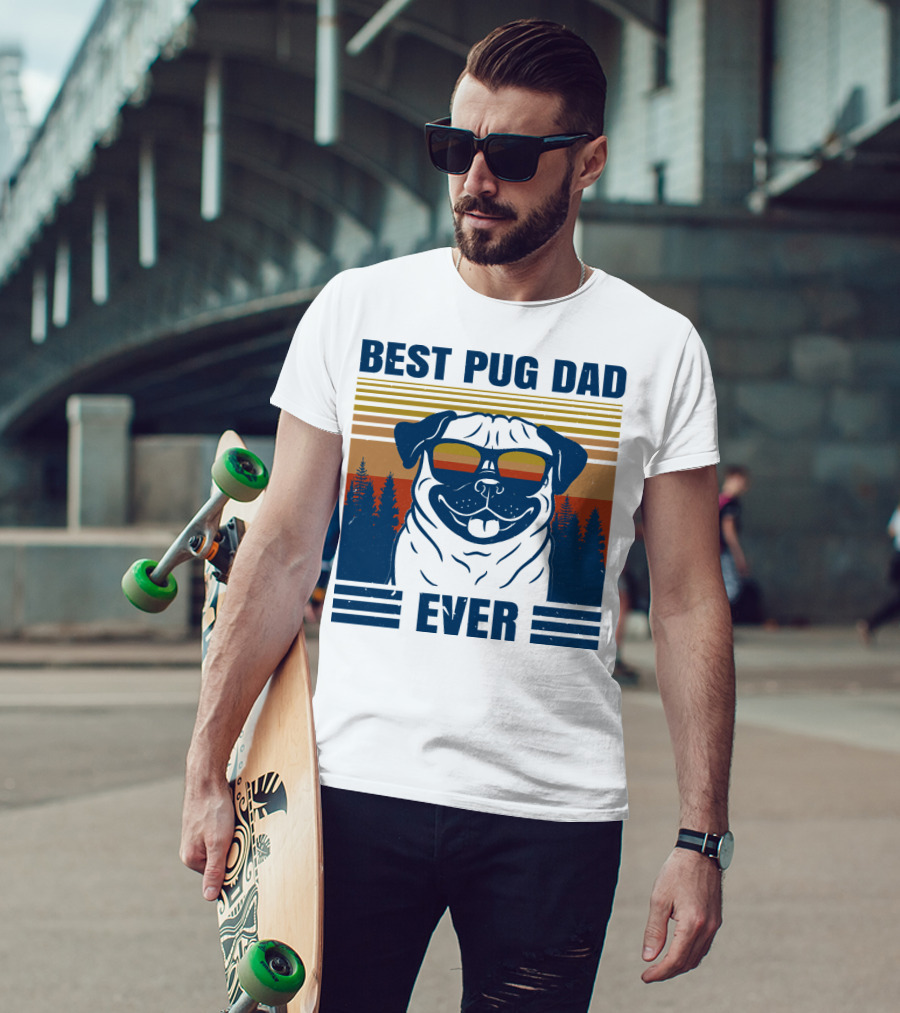 Best Pug Dad Ever Vintage Sunset Forest Retro T-Shirt