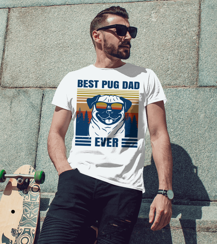 Best Pug Dad Ever Vintage Sunset Forest Retro T-Shirt