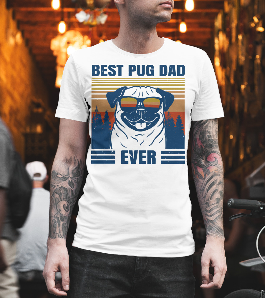 Best Pug Dad Ever Vintage Sunset Forest Retro T-Shirt