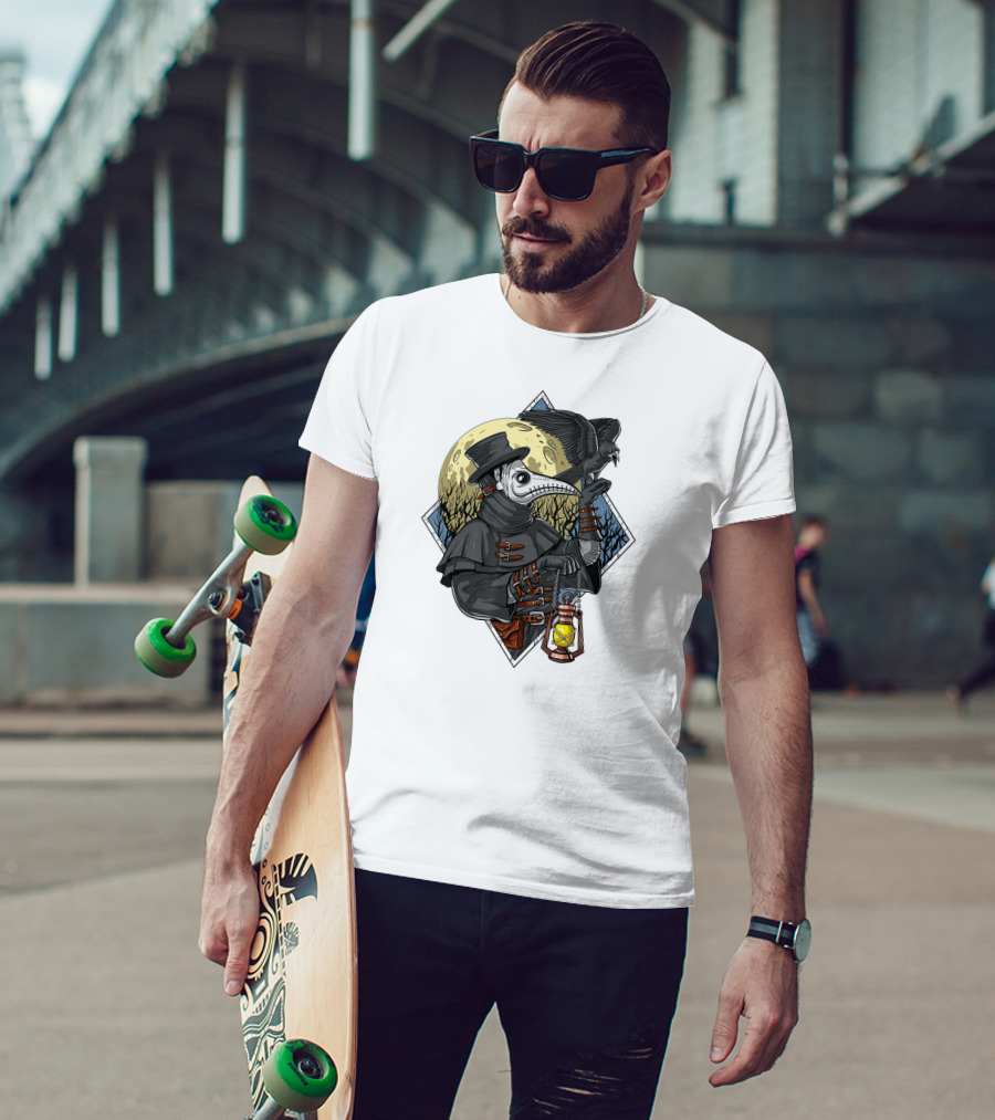 Plague Doctor Steampunk Raven Medieval Lantern Moonlit Forest T-Shirt