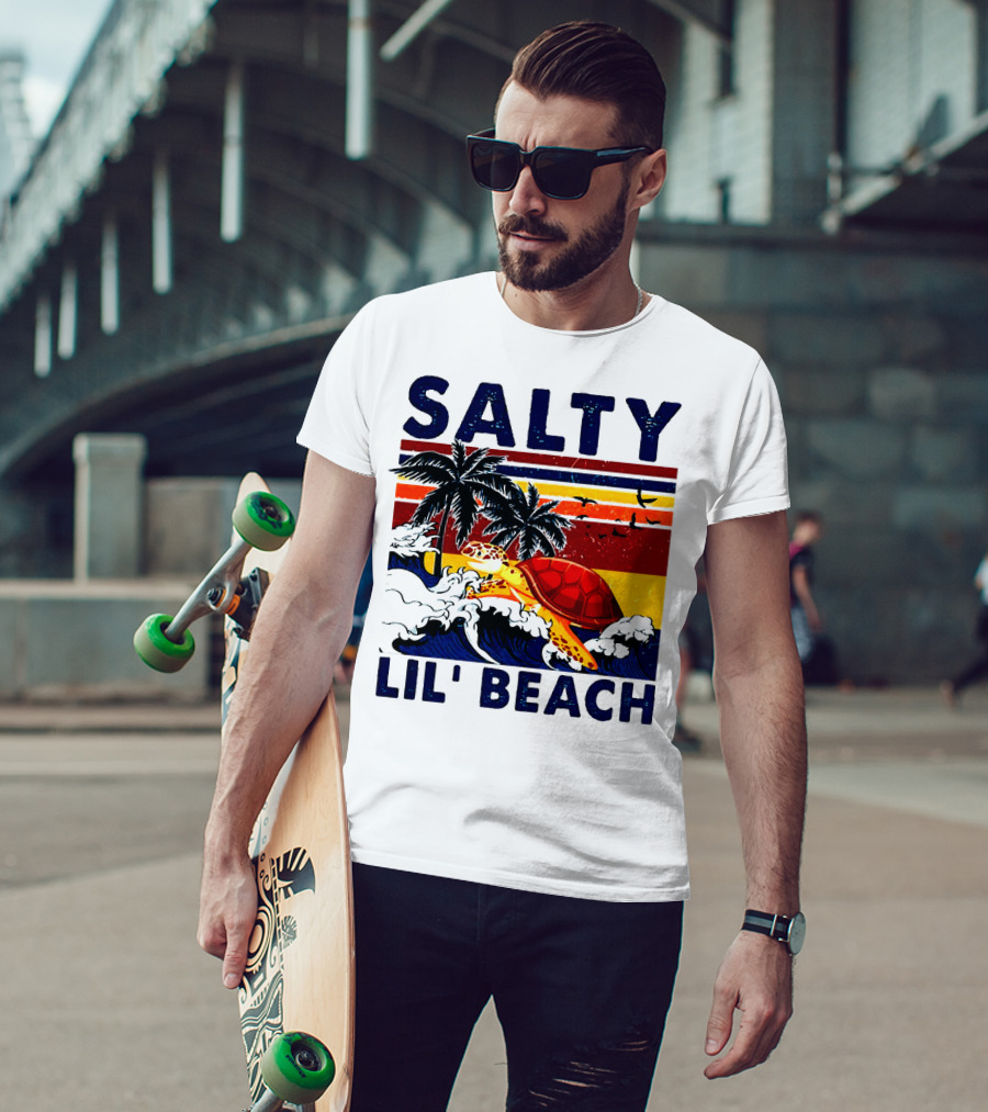 Salty Lil Beach Turtle Vintage Summer Retro Waves And Palms T-Shirt