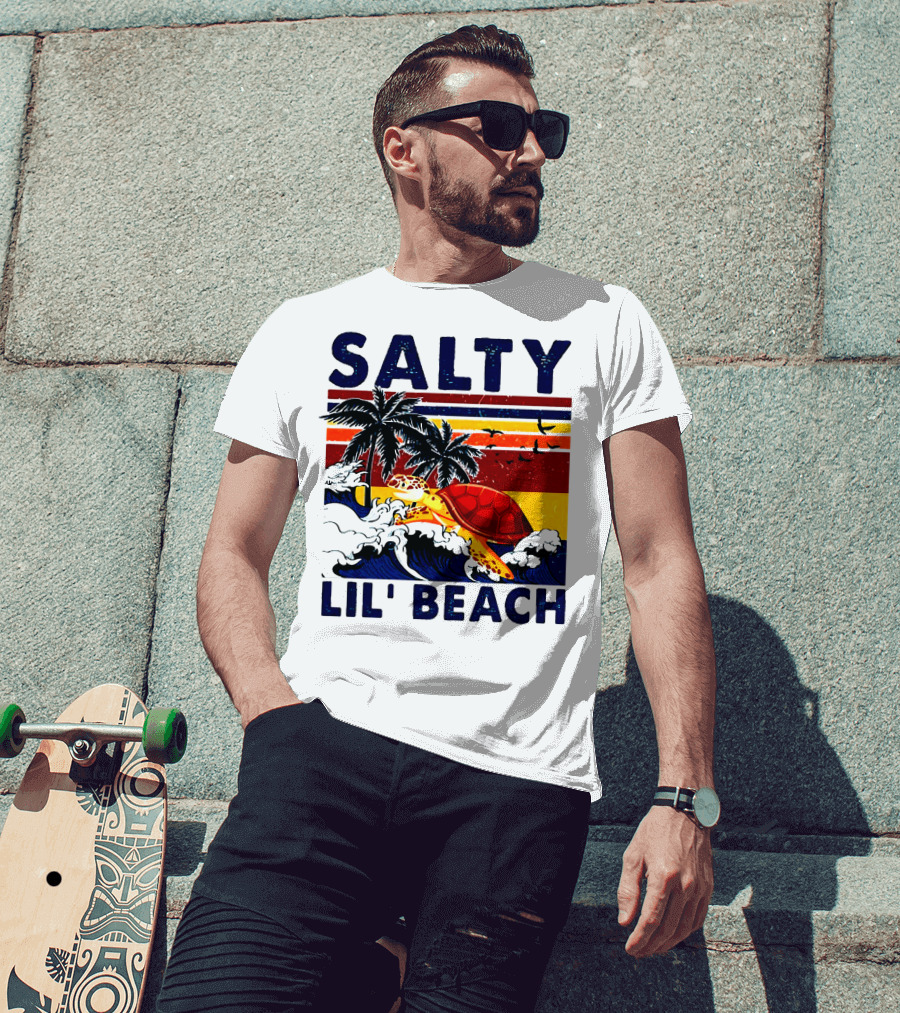 Salty Lil Beach Turtle Vintage Summer Retro Waves And Palms T-Shirt
