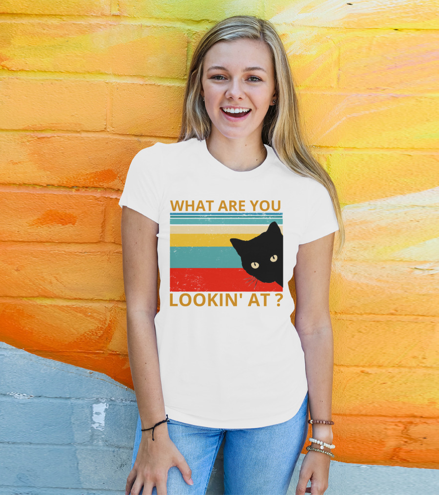 What Are You Lookin' At Black Cat Vintage Stripes T-Shirt
