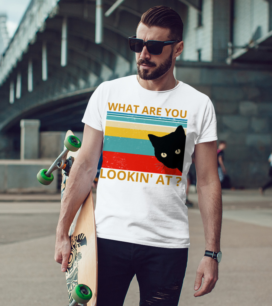 What Are You Lookin' At Black Cat Vintage Stripes T-Shirt