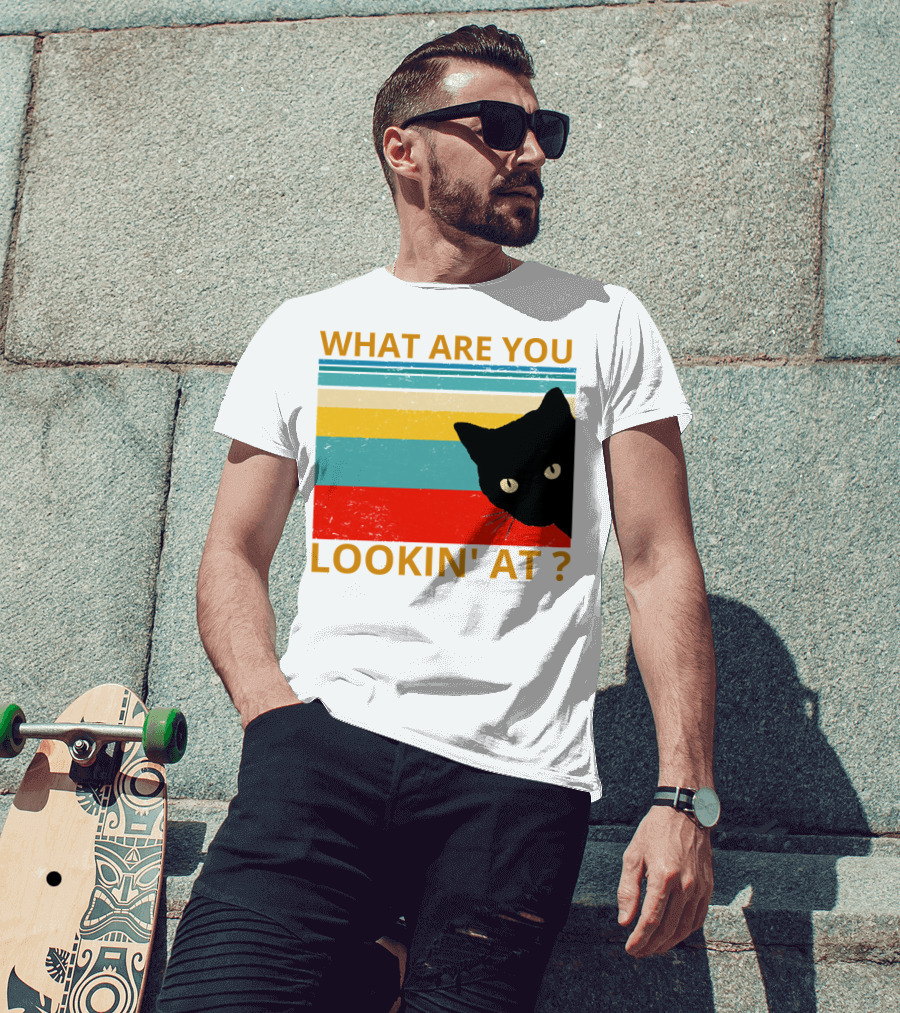 What Are You Lookin' At Black Cat Vintage Stripes T-Shirt