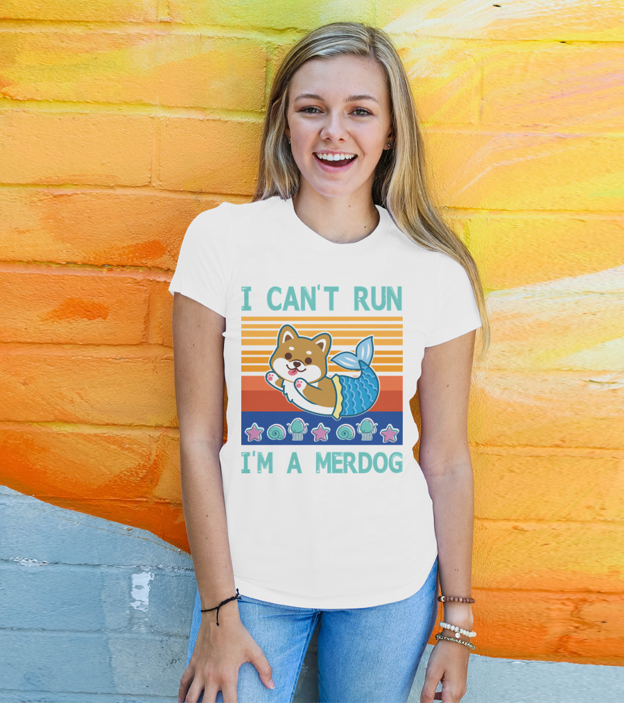 Mermaid Corgi I Can't Run I'm A Merdog With Starfish And Seashells T-Shirt