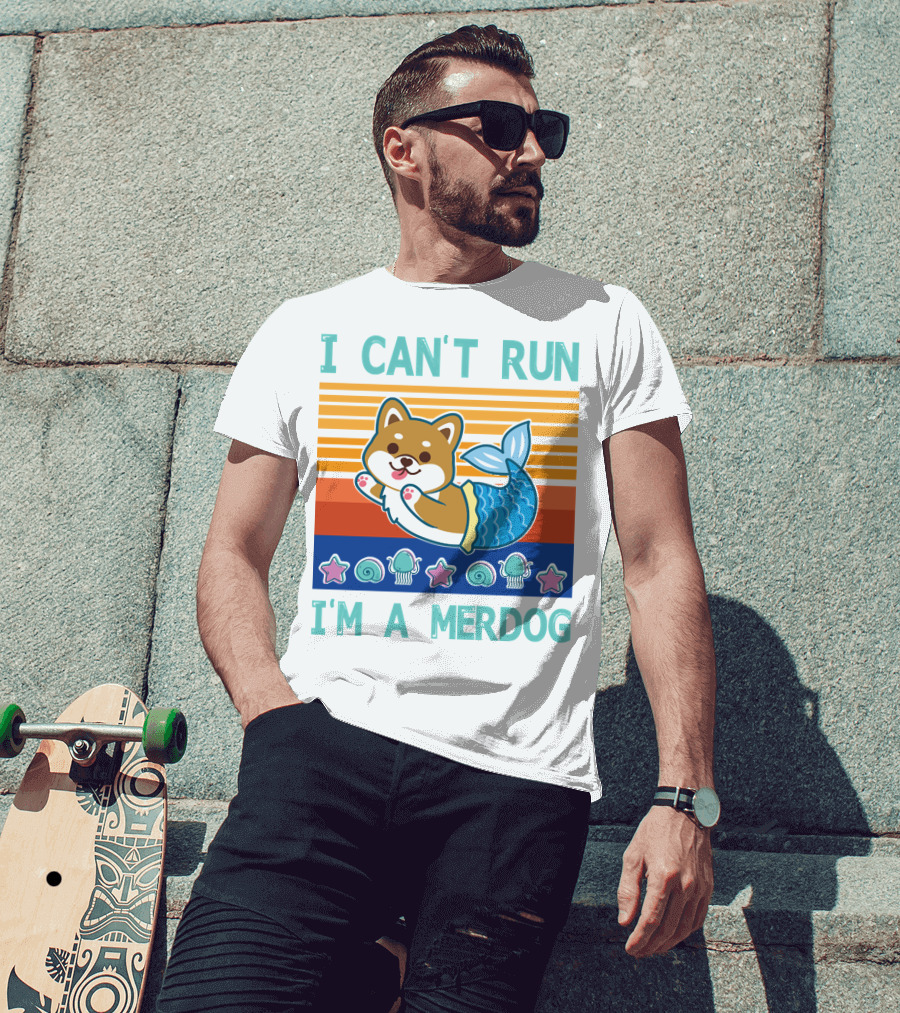 Mermaid Corgi I Can't Run I'm A Merdog With Starfish And Seashells T-Shirt