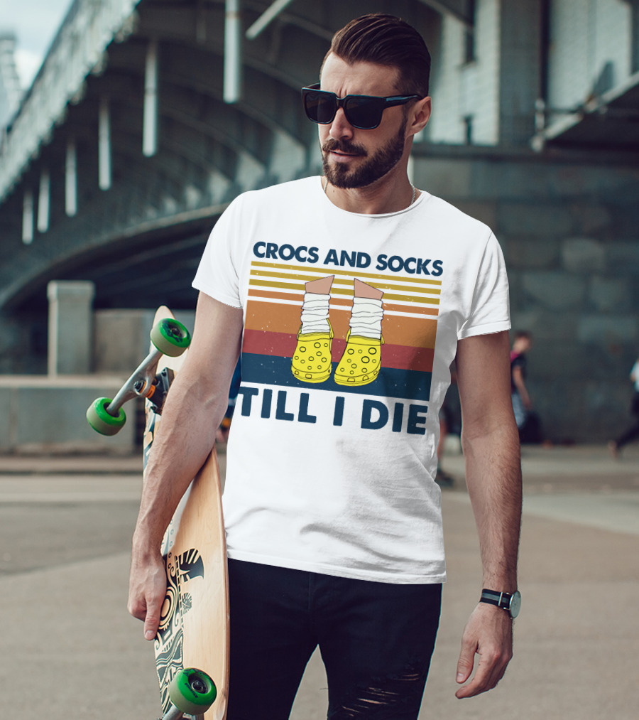 Crocs And Socks Till I Die Yellow Footwear Retro Stripes T-Shirt