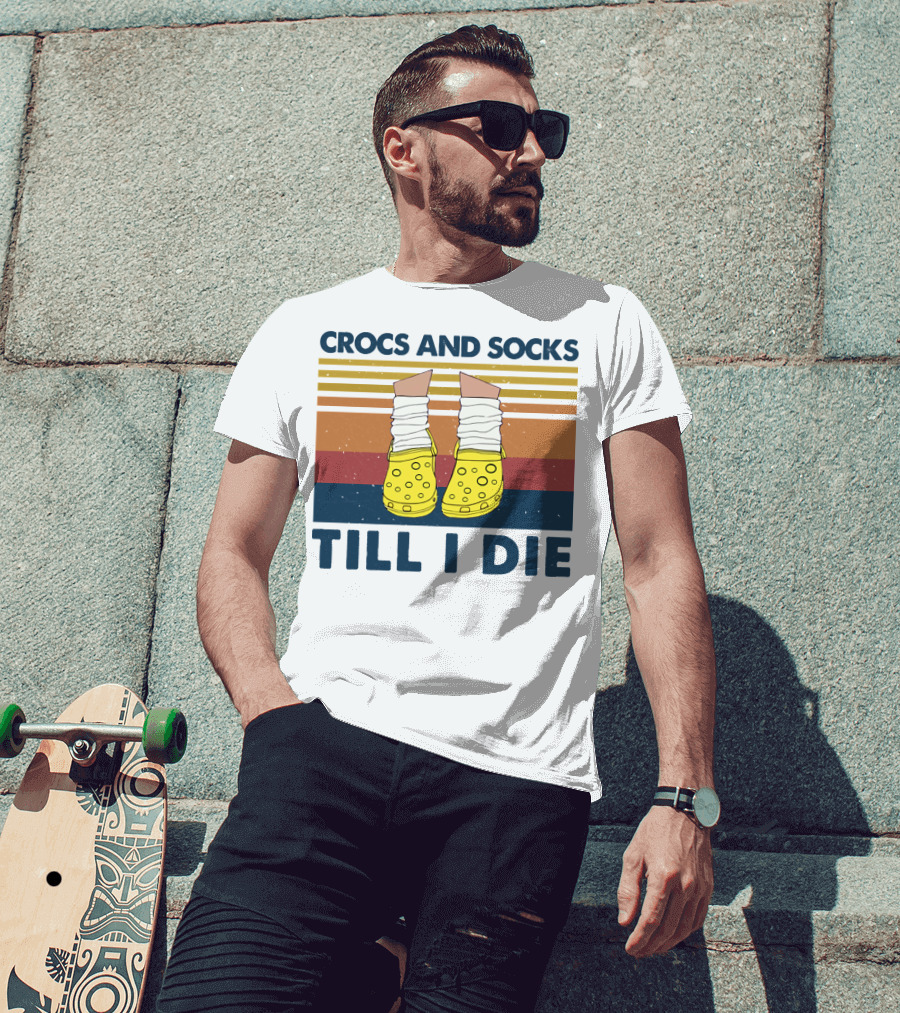 Crocs And Socks Till I Die Yellow Footwear Retro Stripes T-Shirt