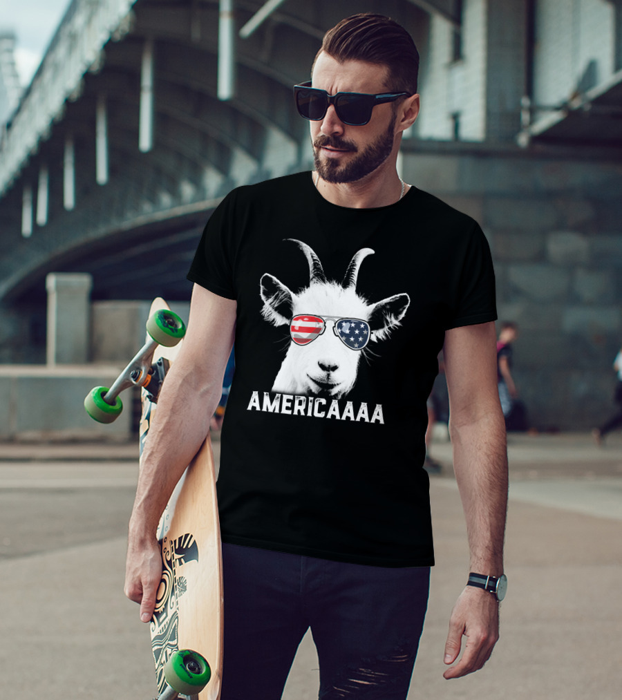 AMERICAAAA Patriotic Goat USA Flag Sunglasses Independence Day T-Shirt