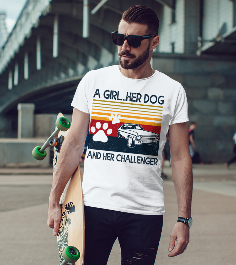 A Girl Her Dog And Her Challenger Vintage Car With Paw Prints T-Shirt