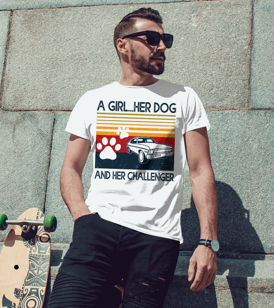 A Girl Her Dog And Her Challenger Vintage Car With Paw Prints T-Shirt