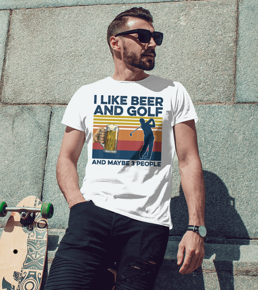 I Like Beer And Golf Maybe 3 People Retro Silhouette With Beer Mug T-Shirt
