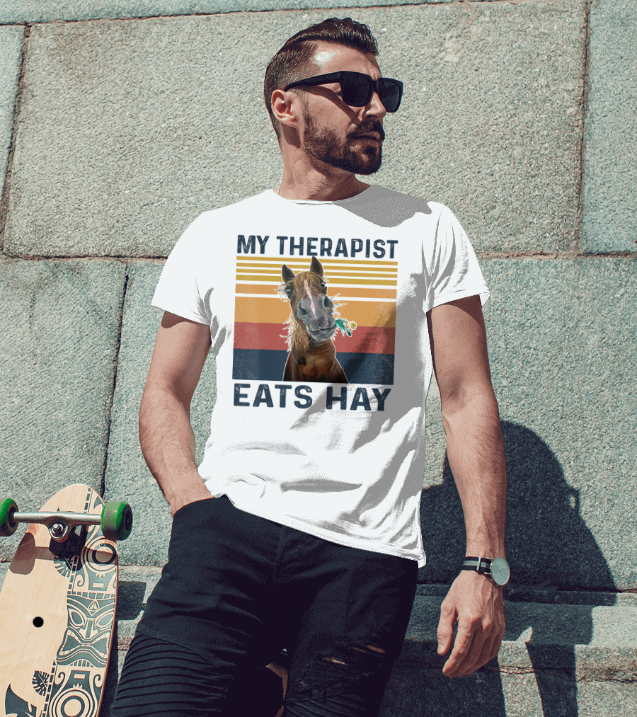 My Therapist Eats Hay Funny Horse Lover Retro Stripes T-Shirt