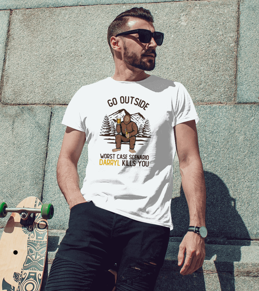 Go Outside Worst Case Scenario Darryl Kills You Bigfoot Holding Beer In Forest Mountain Scene T-Shirt