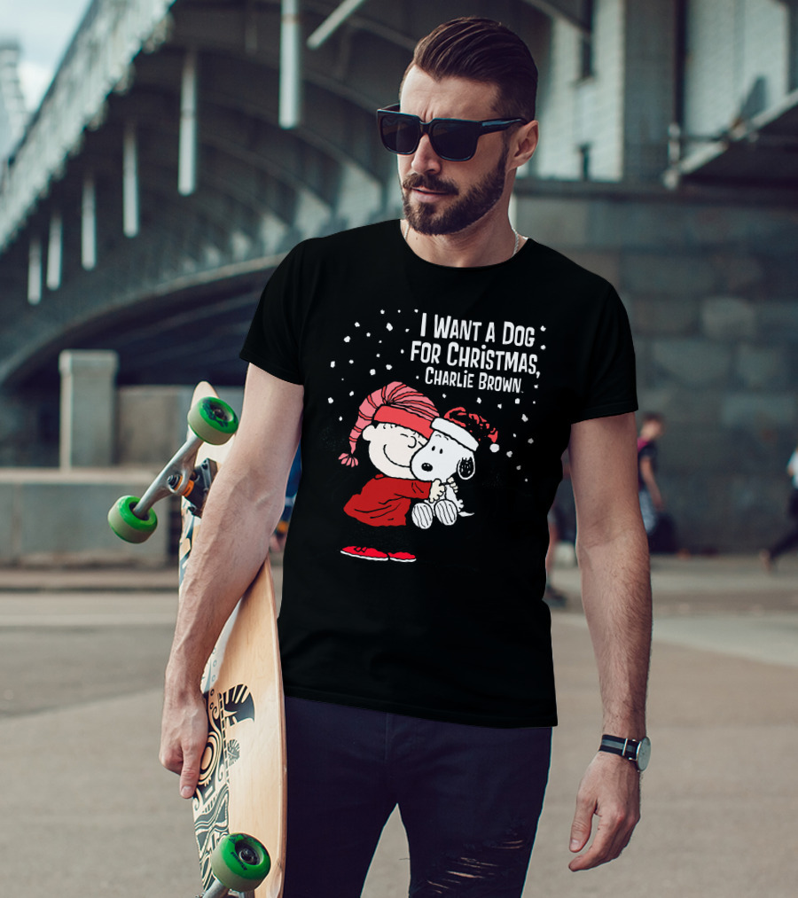 I Want A Dog For Christmas Charlie Brown Snoopy Hugging Linus Snow Scene T-Shirt