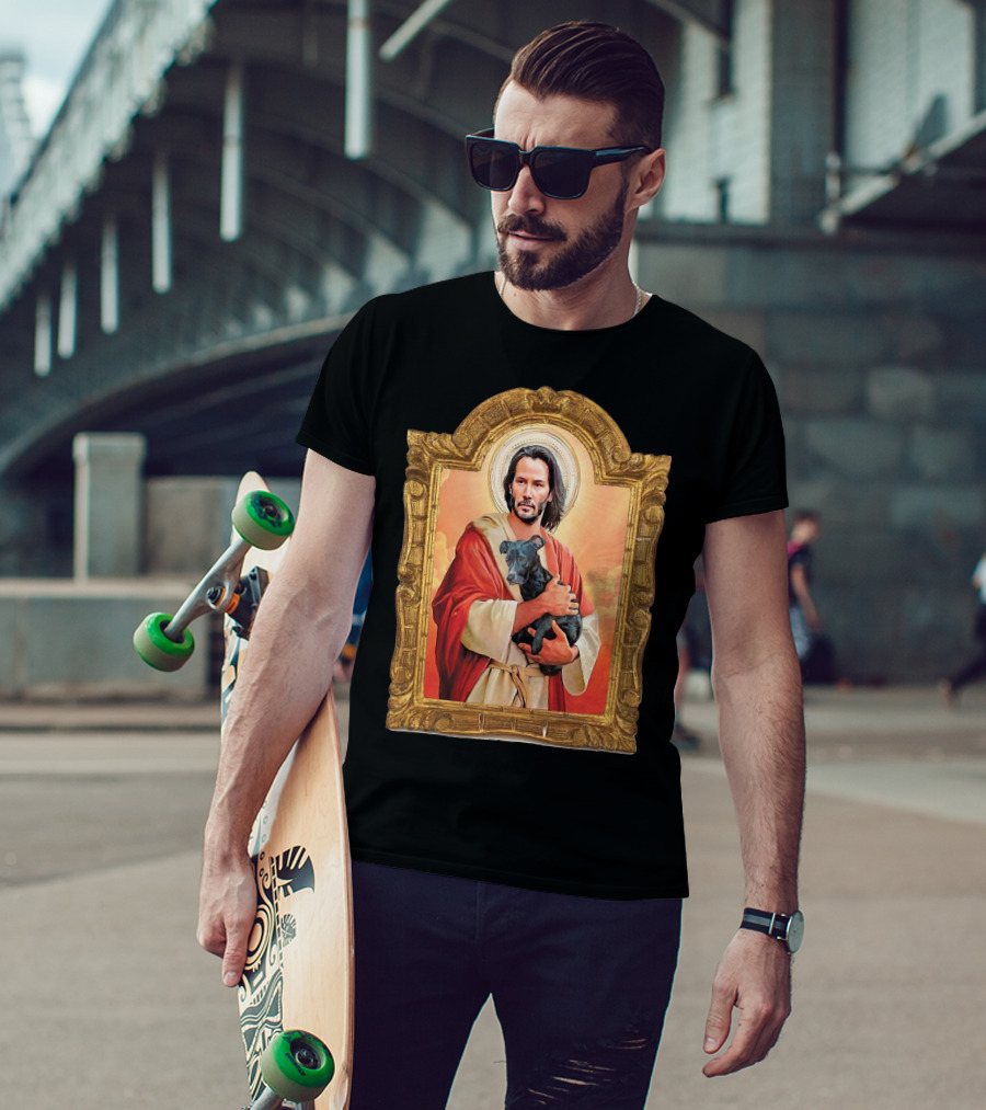 Keanu Reeves St John Patron Holding Doggies Sacred Halo Frame T-Shirt