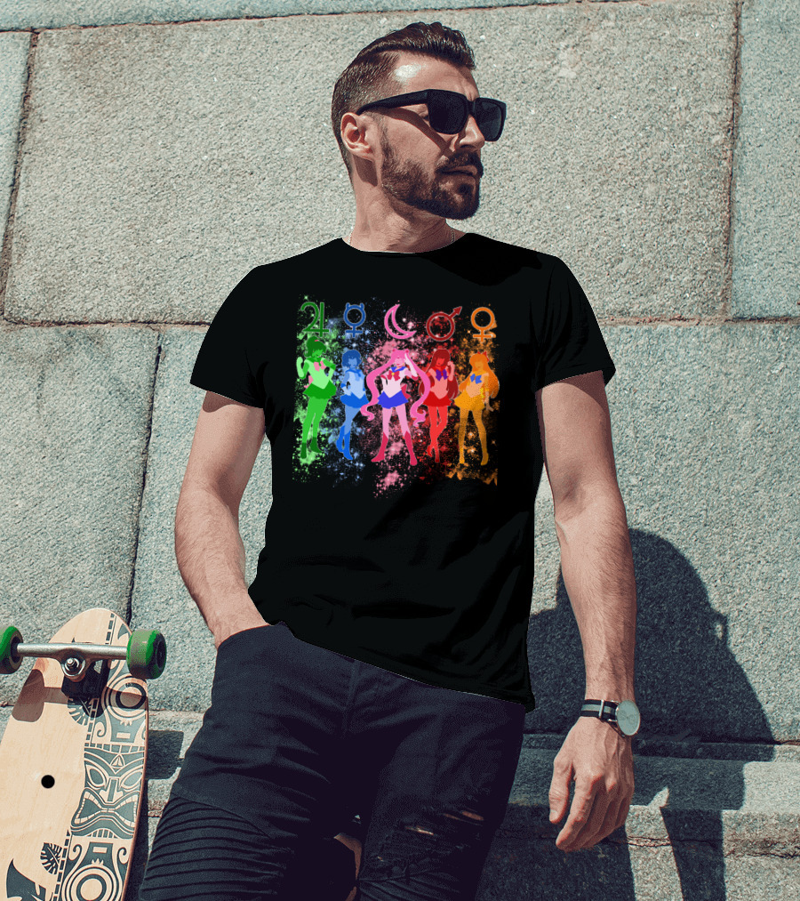 Sailor Moon The Inner Senshi With Planetary Symbols And Colorful Cosmic Background T-Shirt