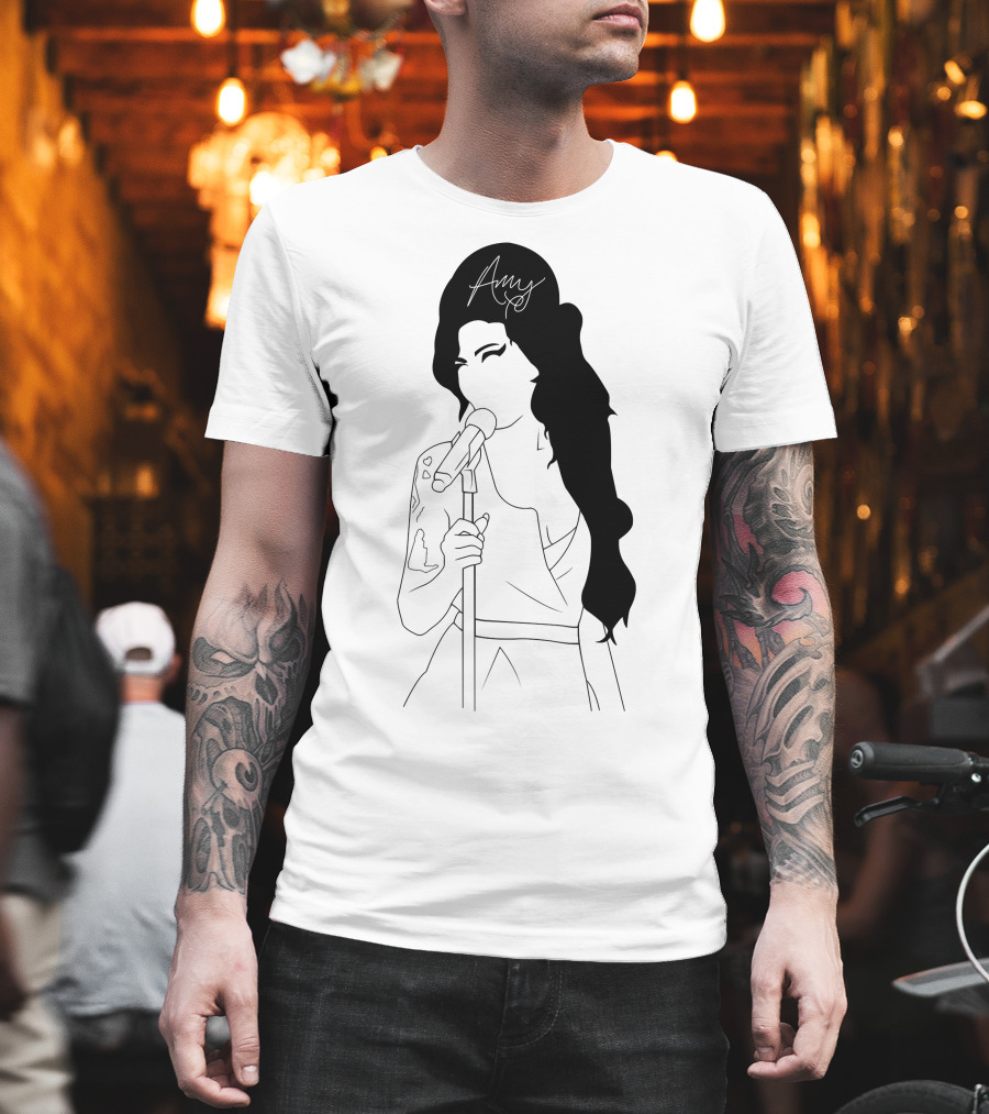 Amy Winehouse Line Art with Signature Mic Pose T-Shirt