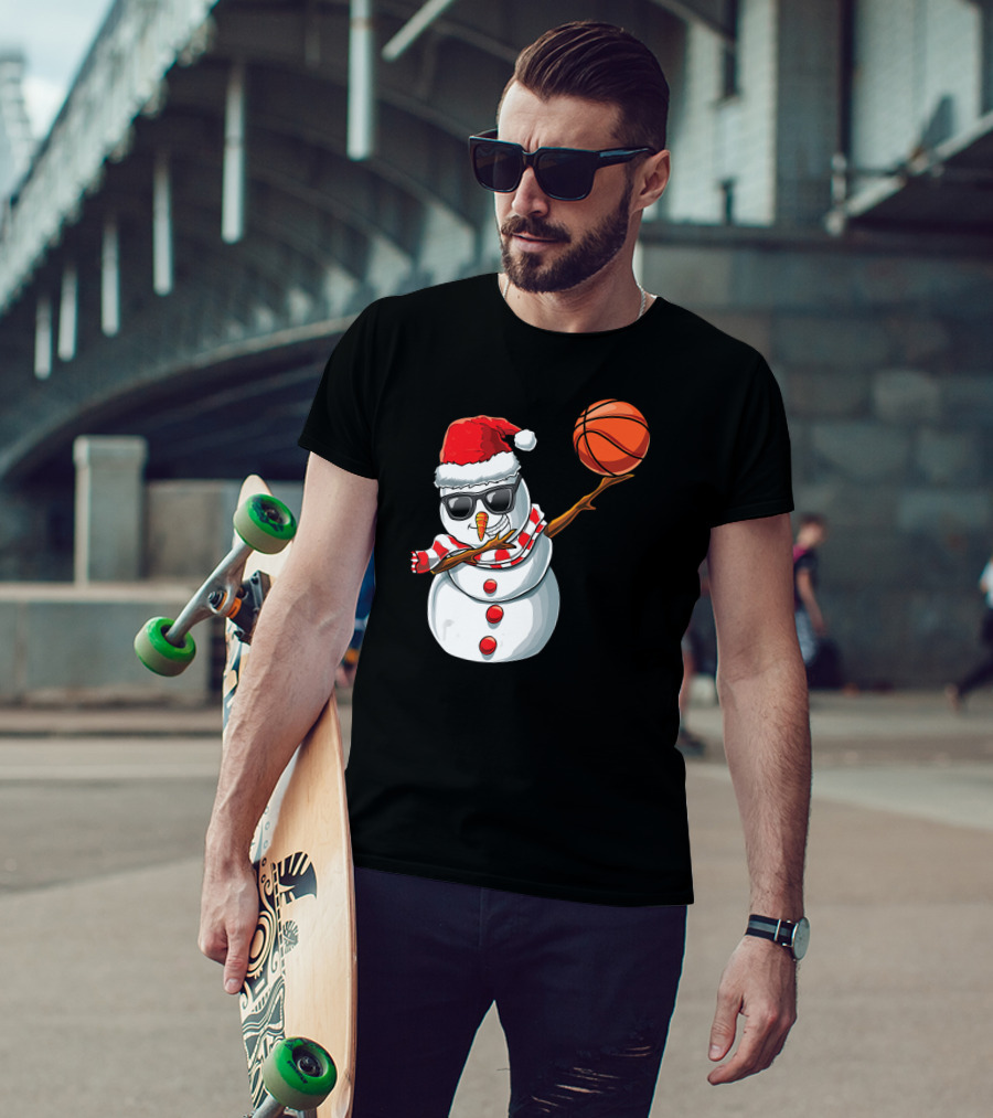Christmas Snowman Dabbing Basketball Santa Scarf Glasses T-Shirt
