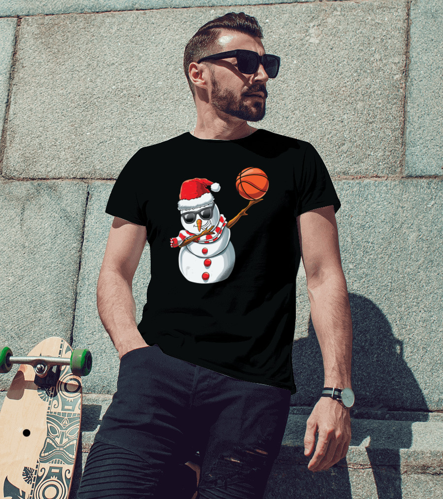 Christmas Snowman Dabbing Basketball Santa Scarf Glasses T-Shirt