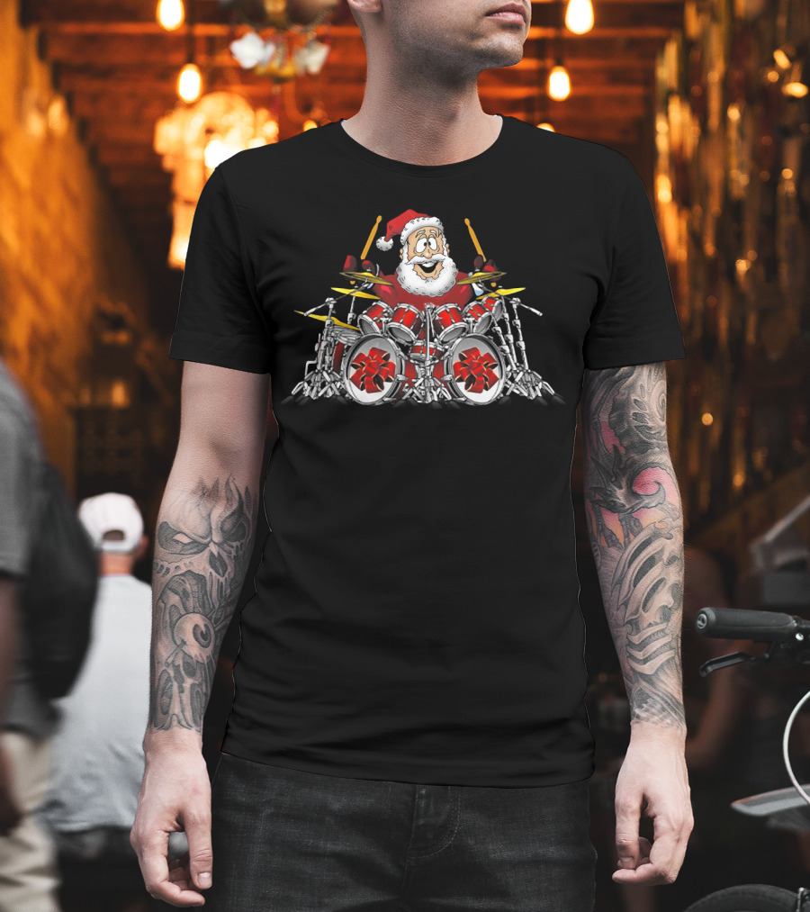 Christmas Santa Drummer Playing Red Drum Kit T-Shirt
