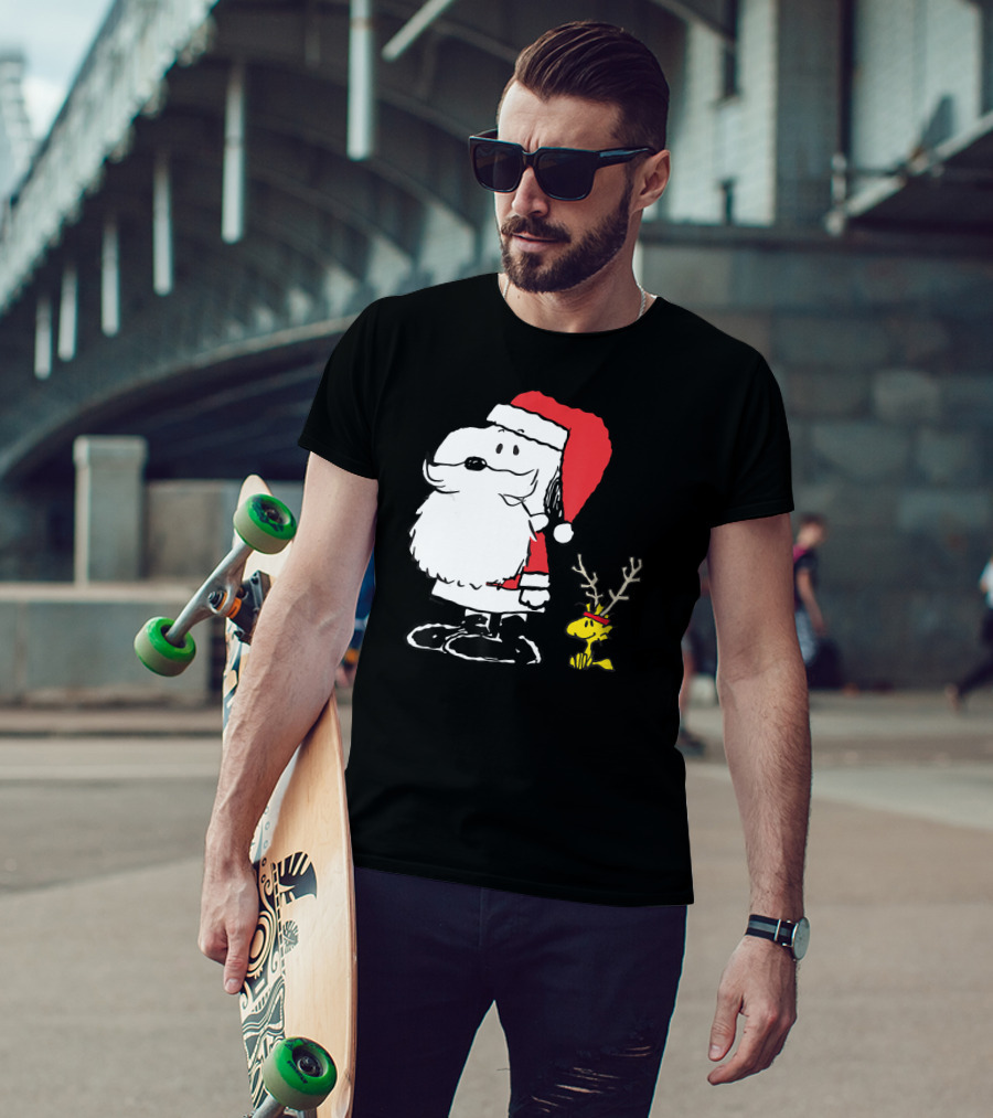 Peanuts Snoopy And Woodstock In Santa And Antlers Holiday Shop T-Shirt
