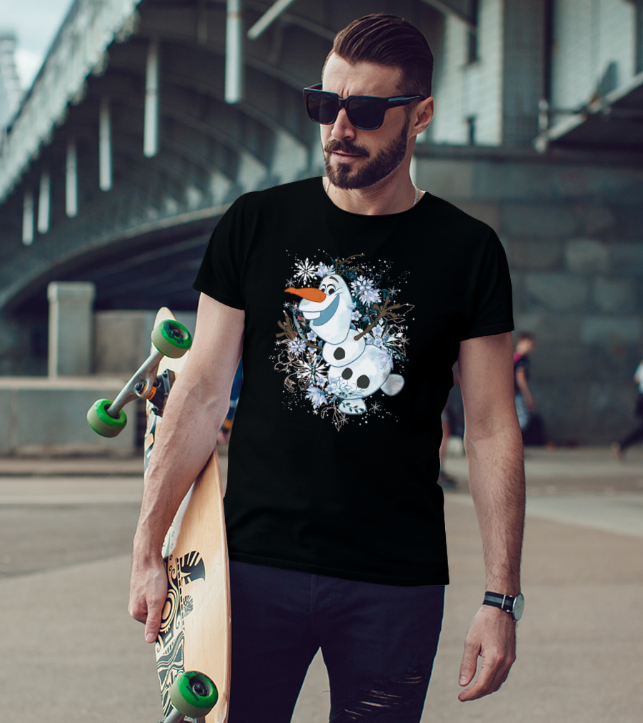Disney Frozen Olaf Joyfully Dancing Among Snowflakes And Flowers T-Shirt