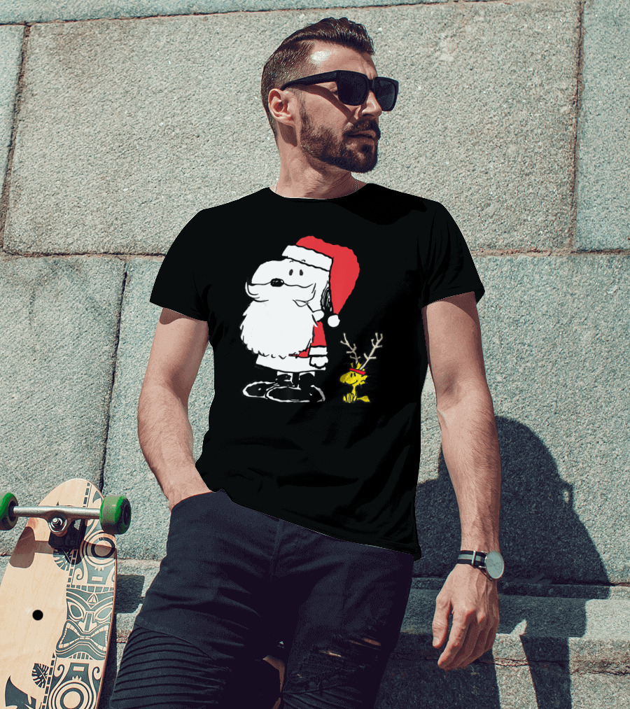 Snoopy Santa With Woodstock Antlers Peanuts Holiday T-Shirt