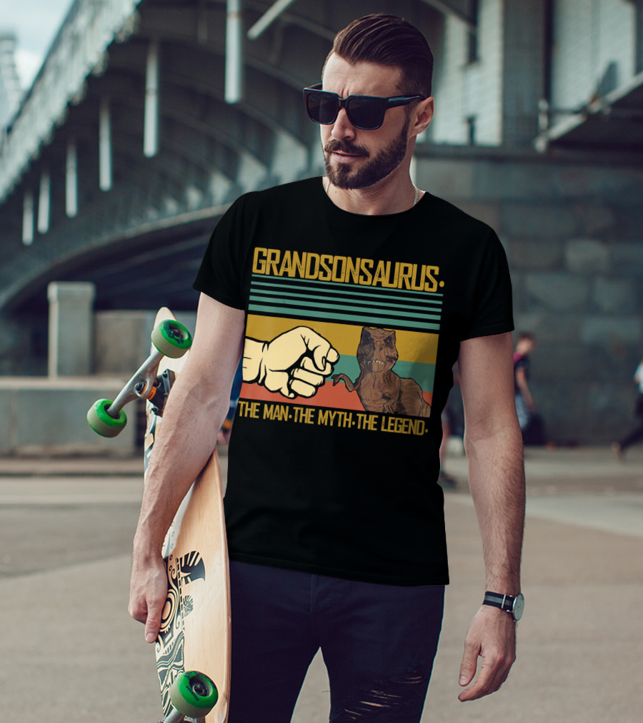 Grandsonsaurus The Man The Myth The Legend Dinosaur Fist Retro Stripes T-Shirt